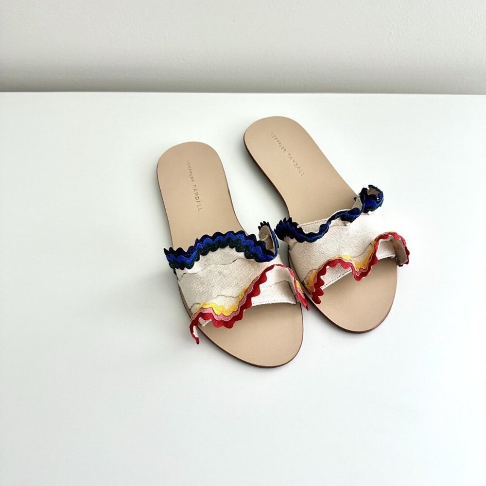 NEW LOEFFLER RANDALL Birdie Natural Rainbow Ruffle Slide Sandals in Size 8